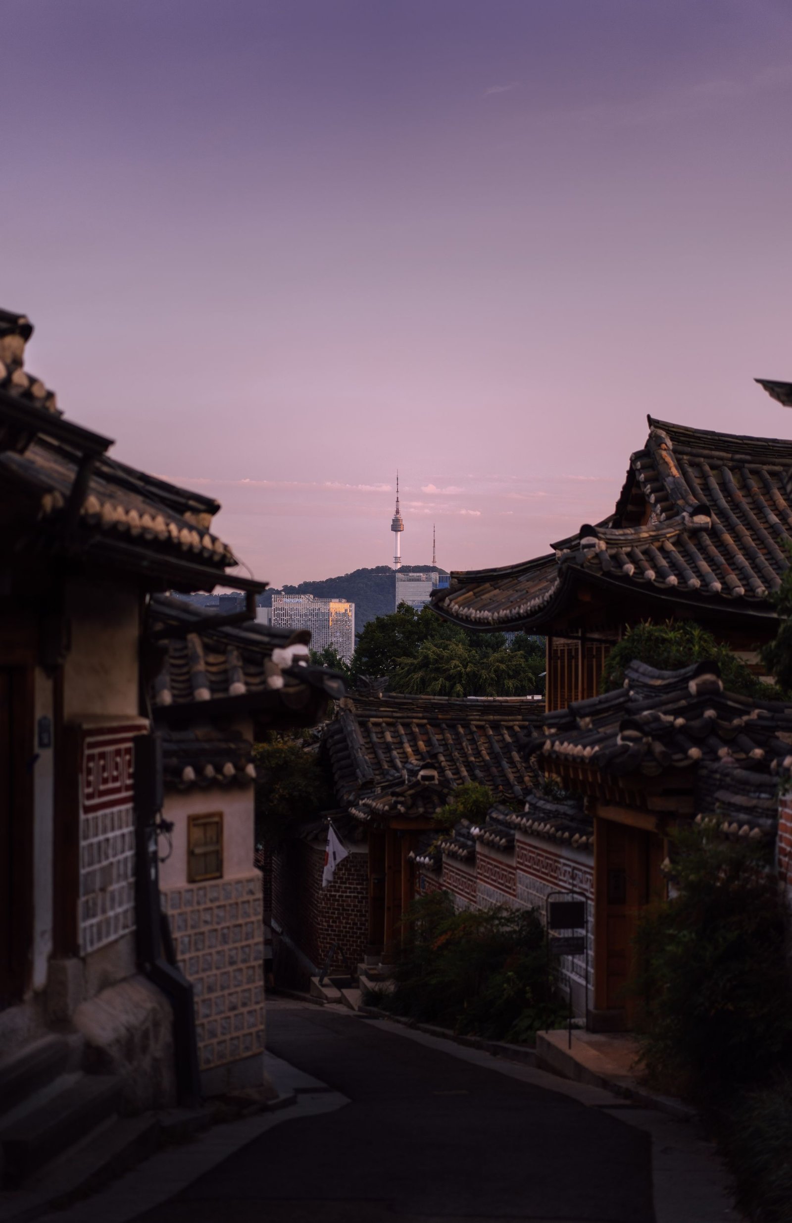 Traditional rooftops in Seoul with Namsan Tower at sunset