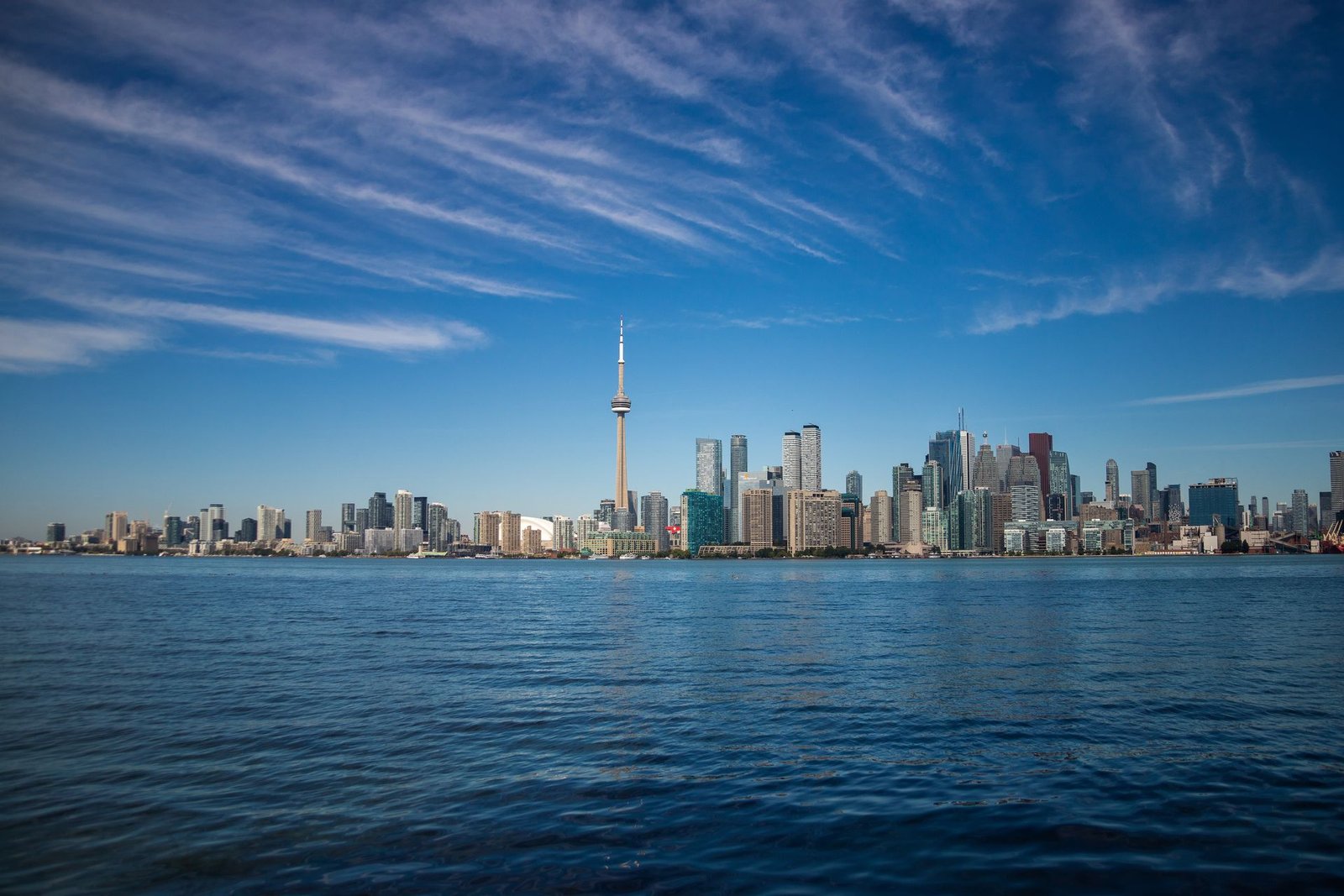 The Toronto skyline and CN Tower along the waterfront under a clear sky