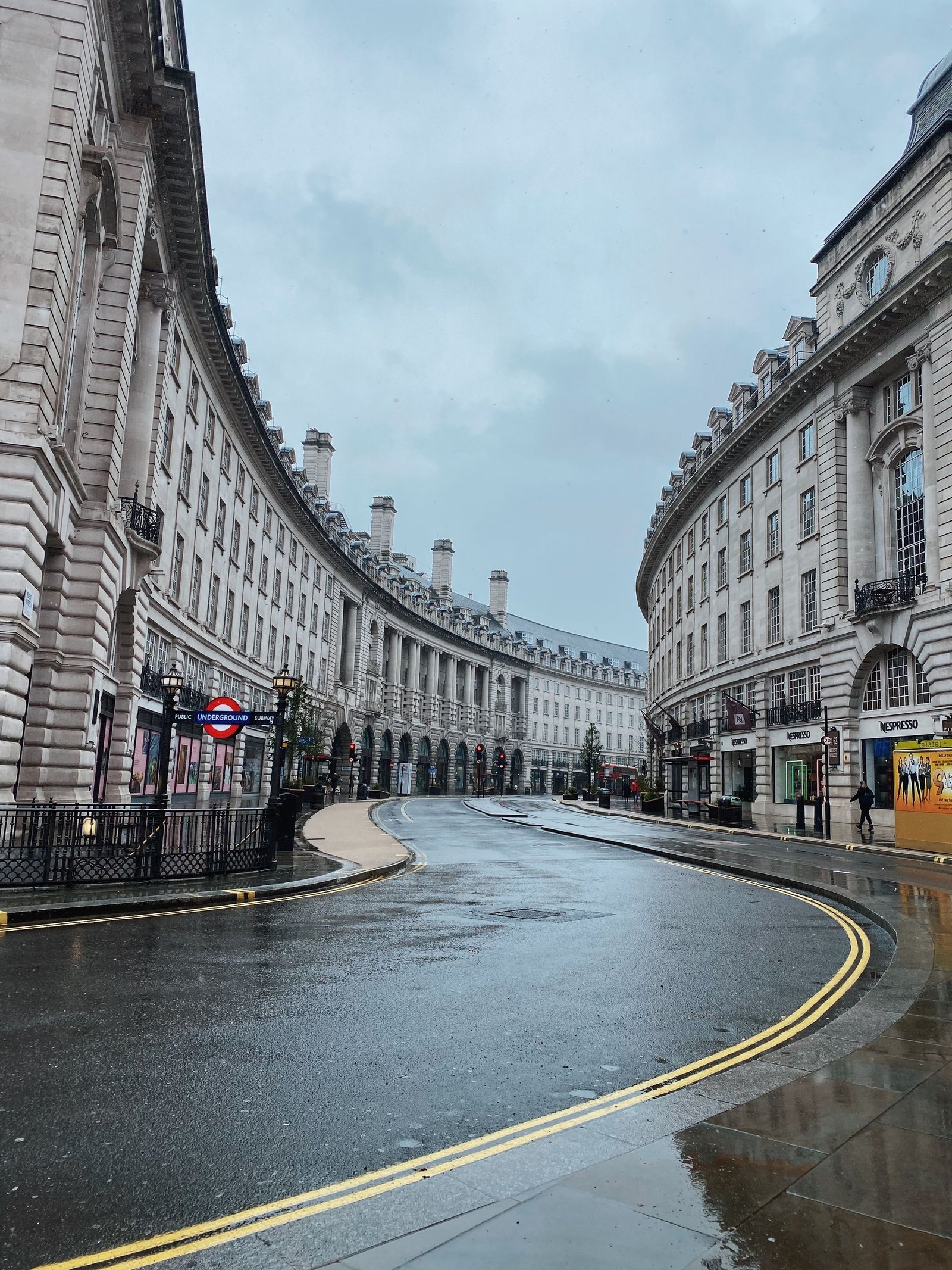 The curved facades of Regent Street in London on a rainy day